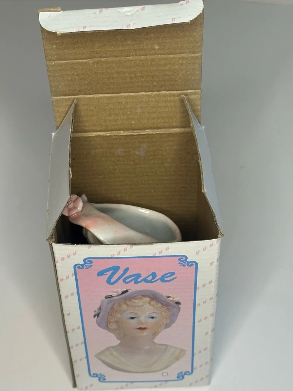 Vintage MCM Porcelain Glamour Girl Head Vase Pink Floral Hat Blue Dress 1950 NEW